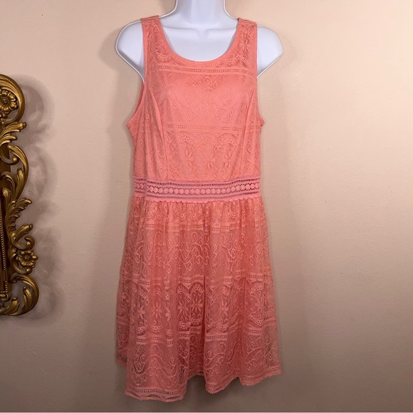 Juniors XL Forever 21 Peachy Pink Embroidered Lace Dress Lined Boho Sleeveless - Picture 15 of 15